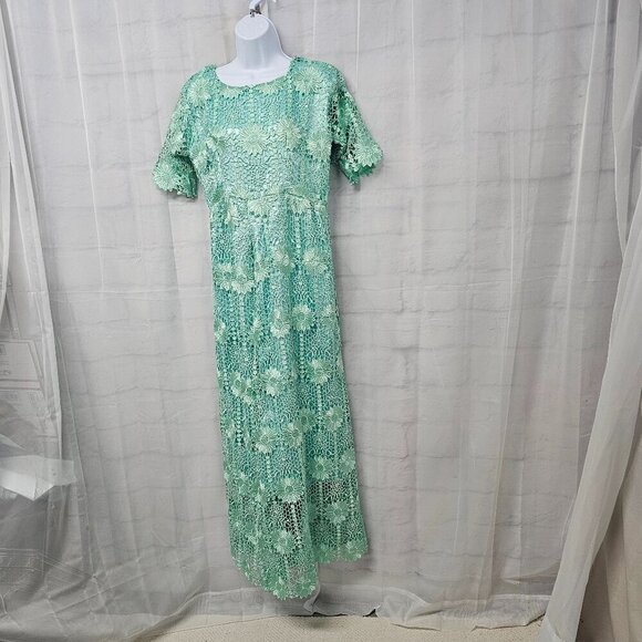 Handmade Seafoam Green Lace Crochet Floral Satin Formal Maxi formal Dress M/L - Picture 7 of 12
